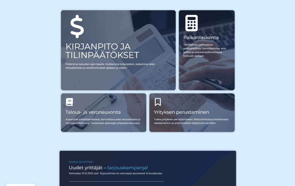 Panka Investing palvelut työnäyte, JeleTele Design